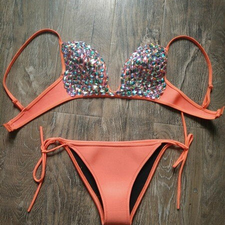 Deep-V Sexy Halter Bikini Manual Sewing Luxury Crystal Diamond Women's Swimsuit Straps Bandage Rhinestone Swimwear Orange