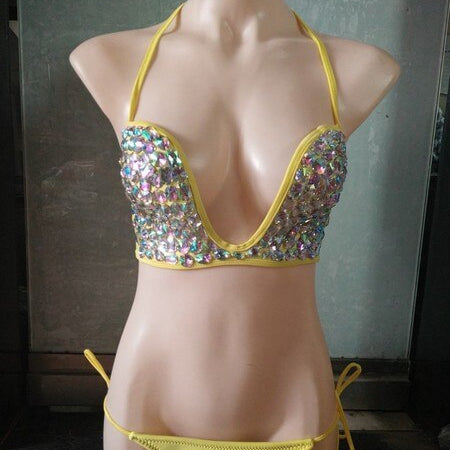 Deep-V Sexy Halter Bikini Manual Sewing Luxury Crystal Diamond Women's Swimsuit Straps Bandage Rhinestone Swimwear Yellow