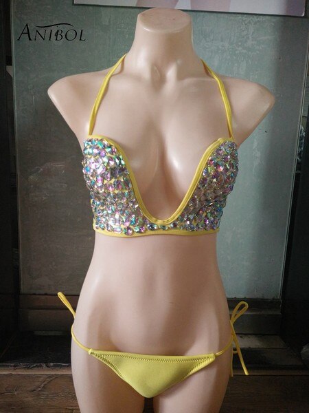 Deep-V Sexy Halter Bikini Manual Sewing Luxury Crystal Diamond Women's Swimsuit Straps Bandage Rhinestone Swimwear Yellow