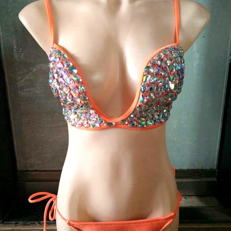 Deep-V Sexy Halter Bikini Manual Sewing Luxury Crystal Diamond Women's Swimsuit Straps Bandage Rhinestone Swimwear