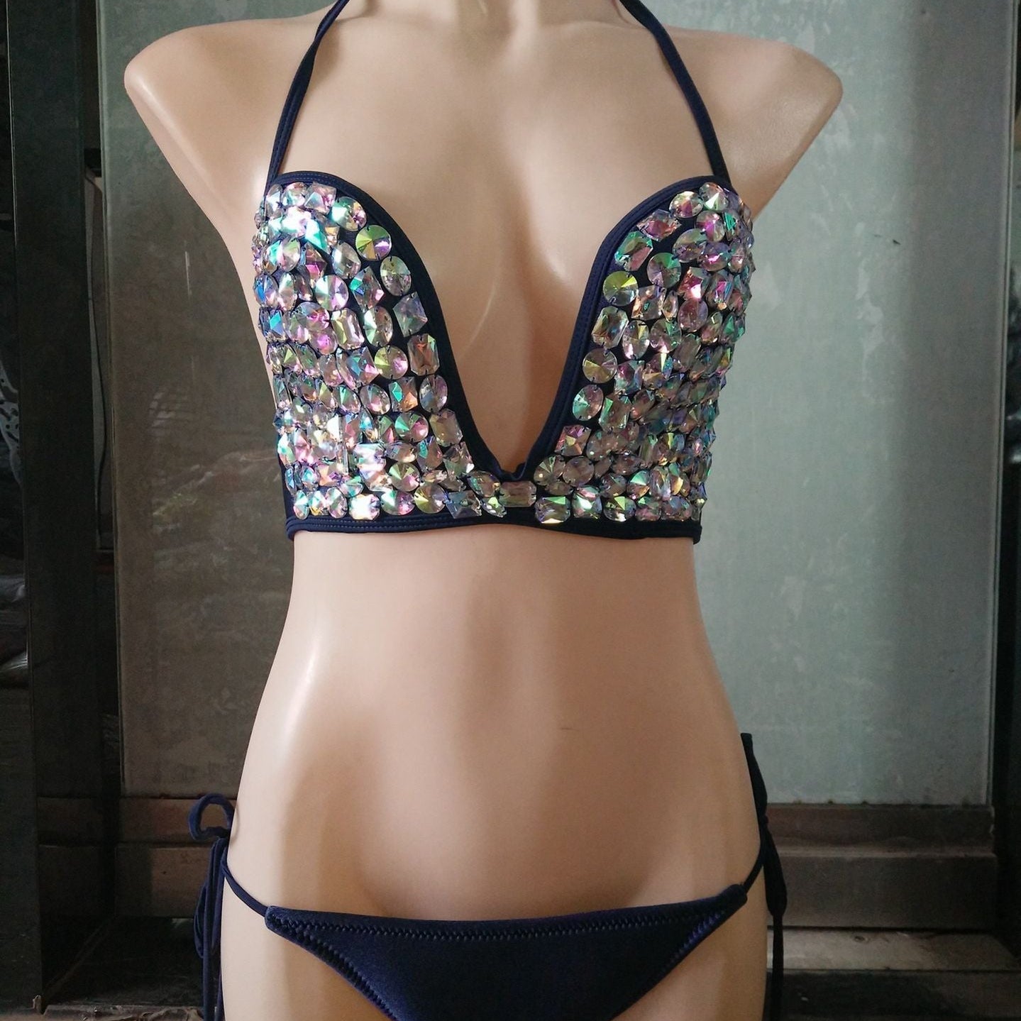 Deep-V Sexy Halter Bikini Manual Sewing Luxury Crystal Diamond Women's Swimsuit Straps Bandage Rhinestone Swimwear AMAIO