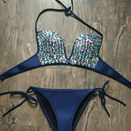 Deep-V Sexy Halter Bikini Manual Sewing Luxury Crystal Diamond Women's Swimsuit Straps Bandage Rhinestone Swimwear Black