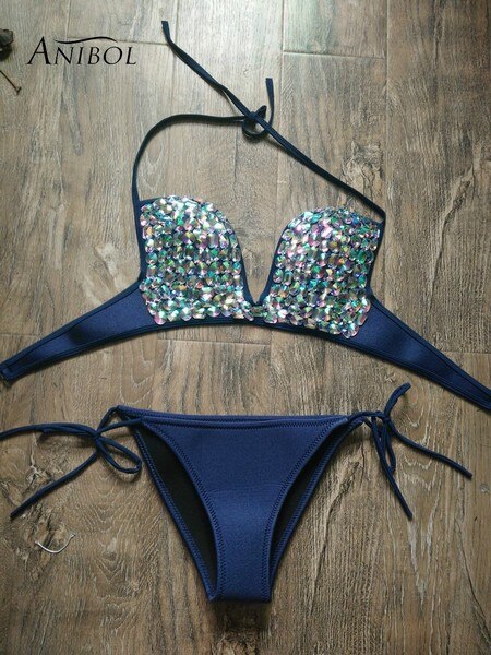 Deep-V Sexy Halter Bikini Manual Sewing Luxury Crystal Diamond Women's Swimsuit Straps Bandage Rhinestone Swimwear Black