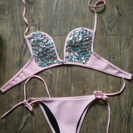 Deep-V Sexy Halter Bikini Manual Sewing Luxury Crystal Diamond Women's Swimsuit Straps Bandage Rhinestone Swimwear Pink