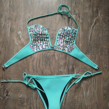 Deep-V Sexy Halter Bikini Manual Sewing Luxury Crystal Diamond Women's Swimsuit Straps Bandage Rhinestone Swimwear Green