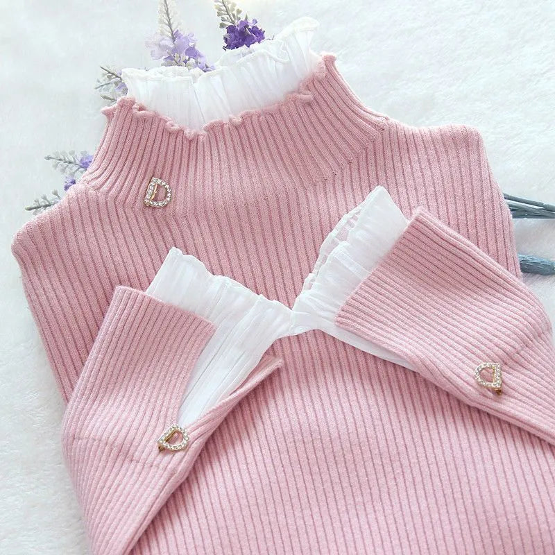 Deeptown Korean Style Turtleneck Women Elegant Pink Sweater Slim Basic Pullover Jumper Warm Purple Pullover Female Top Winter AMAIO