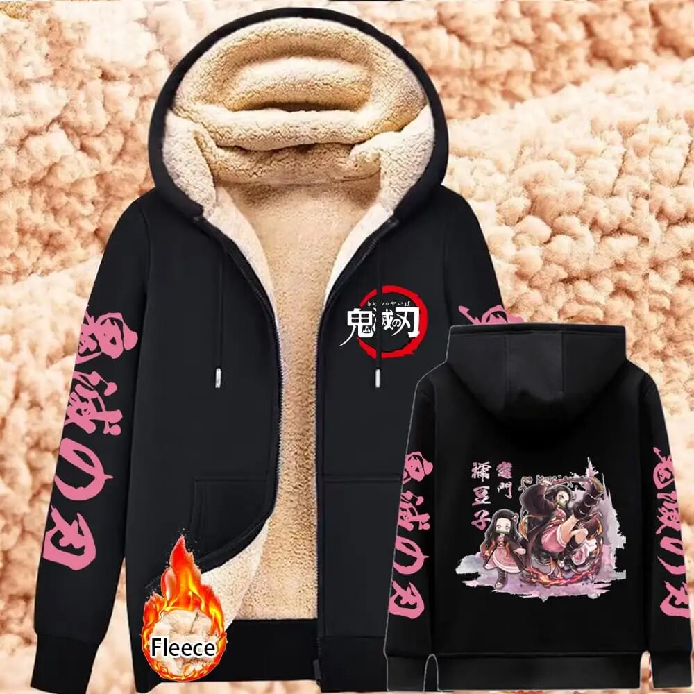 Demon Slayer Lambswool Hoodies Anime Kamado Nezuko Print Warm Hoodie Women Winter Thicken Warm Sweatshirts Casual Coats Y2K Tops Black9