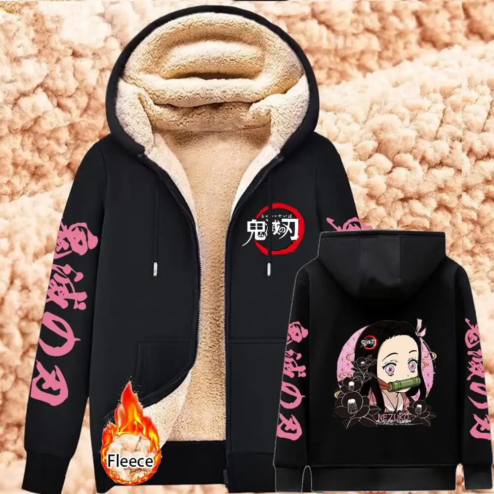 Demon Slayer Lambswool Hoodies Anime Kamado Nezuko Print Warm Hoodie Women Winter Thicken Warm Sweatshirts Casual Coats Y2K Tops Black12