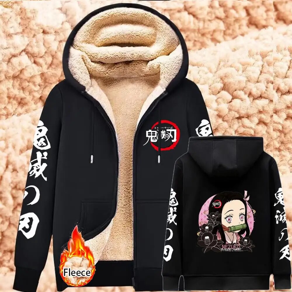 Demon Slayer Lambswool Hoodies Anime Kamado Nezuko Print Warm Hoodie Women Winter Thicken Warm Sweatshirts Casual Coats Y2K Tops Black2