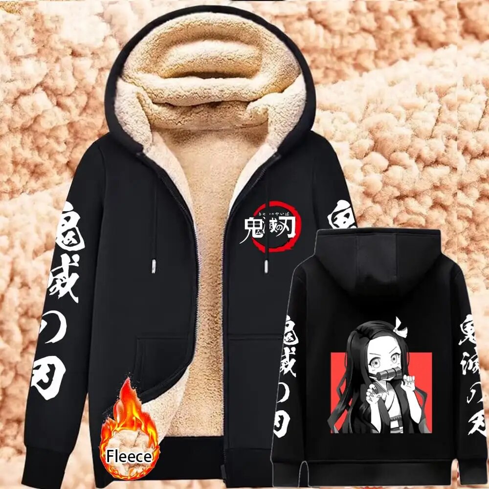 Demon Slayer Lambswool Hoodies Anime Kamado Nezuko Print Warm Hoodie Women Winter Thicken Warm Sweatshirts Casual Coats Y2K Tops Black1