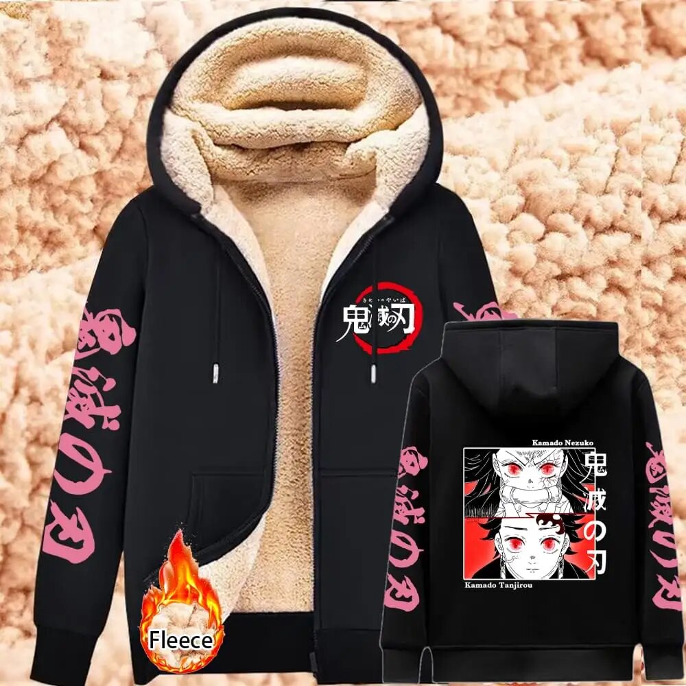 Demon Slayer Lambswool Hoodies Anime Kamado Nezuko Print Warm Hoodie Women Winter Thicken Warm Sweatshirts Casual Coats Y2K Tops Black6