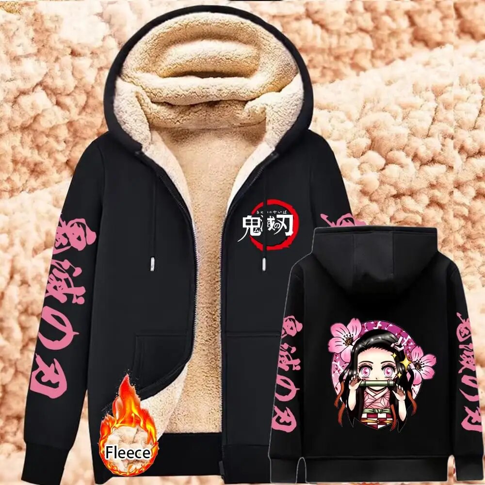 Demon Slayer Lambswool Hoodies Anime Kamado Nezuko Print Warm Hoodie Women Winter Thicken Warm Sweatshirts Casual Coats Y2K Tops Black7