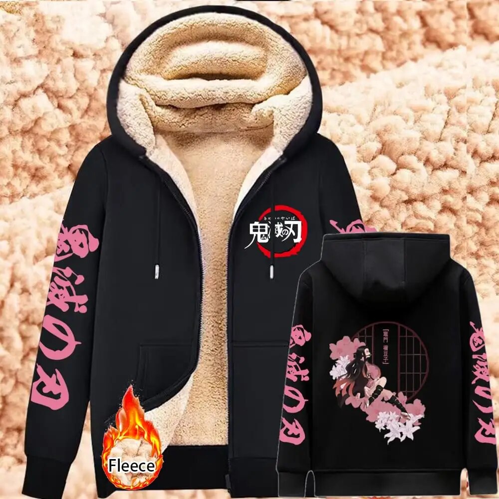 Demon Slayer Lambswool Hoodies Anime Kamado Nezuko Print Warm Hoodie Women Winter Thicken Warm Sweatshirts Casual Coats Y2K Tops