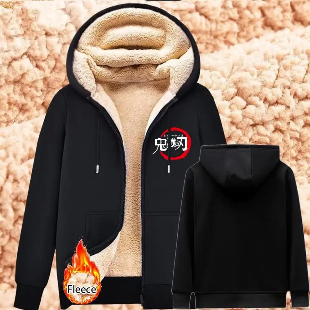 Demon Slayer Lambswool Hoodies Anime Kamado Nezuko Print Warm Hoodie Women Winter Thicken Warm Sweatshirts Casual Coats Y2K Tops