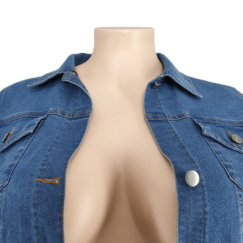 Denim Plus Size Sets Women 2 Piece Set Puff Long Sleeve Jacket Stretch Stacked Jeans Fall Winter Clothes