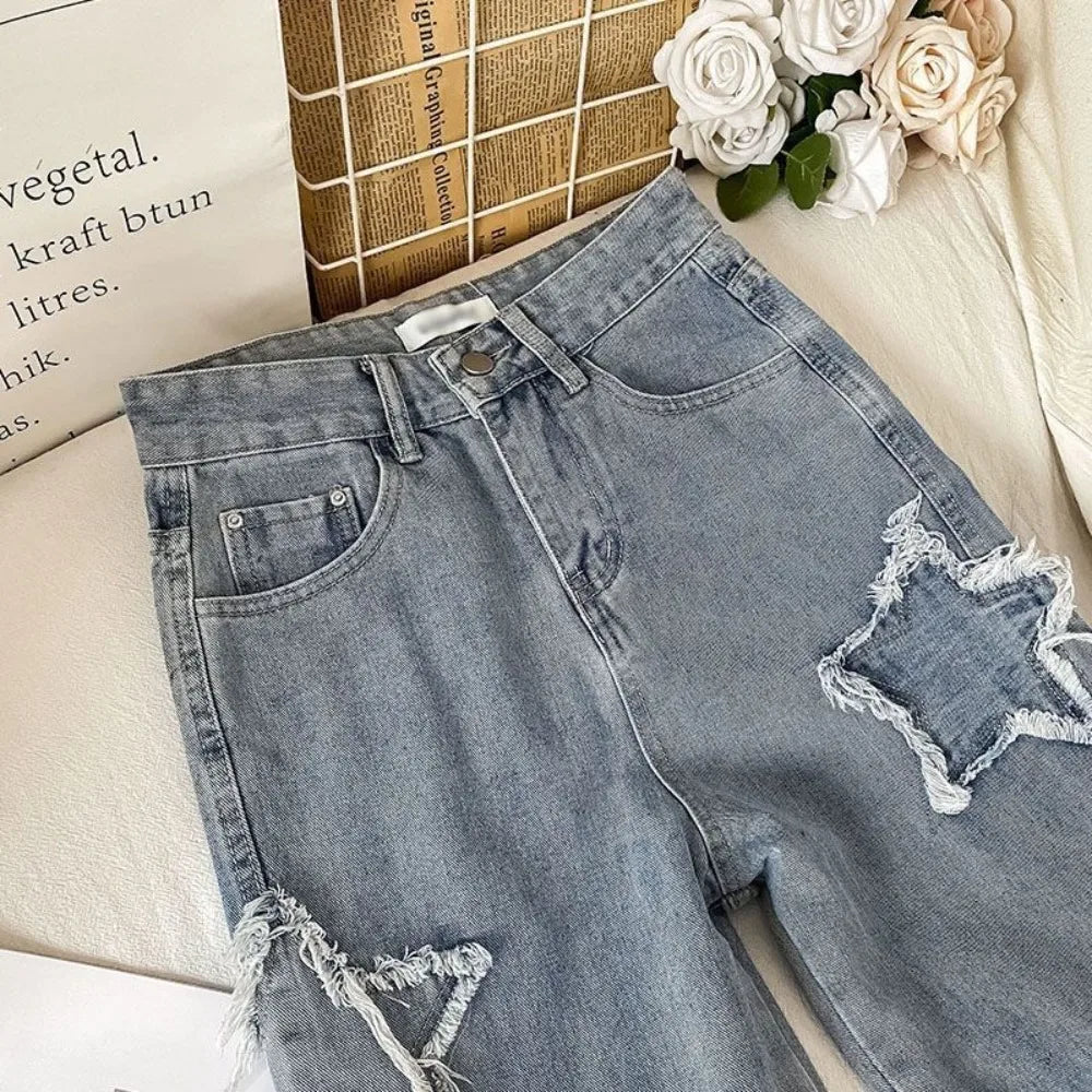 Denim Popular Ins Fashion Korean WIth Star Spring Autumn High Waist Straight Leg Loose Fitting Jeans