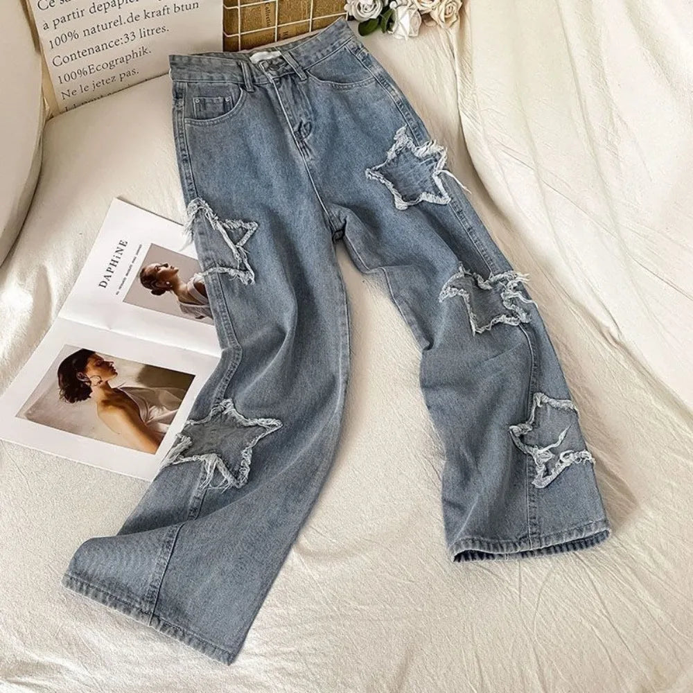 Denim Popular Ins Fashion Korean WIth Star Spring Autumn High Waist Straight Leg Loose Fitting Jeans