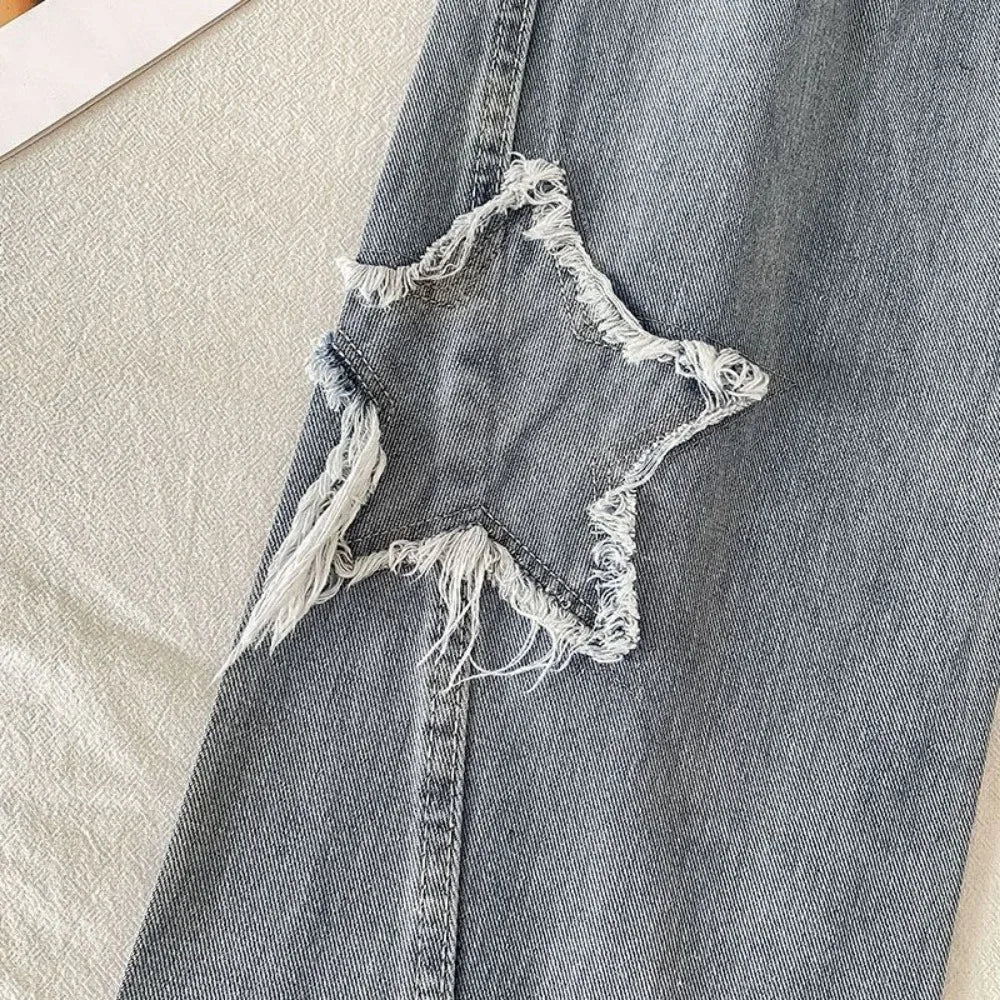 Denim Popular Ins Fashion Korean WIth Star Spring Autumn High Waist Straight Leg Loose Fitting Jeans
