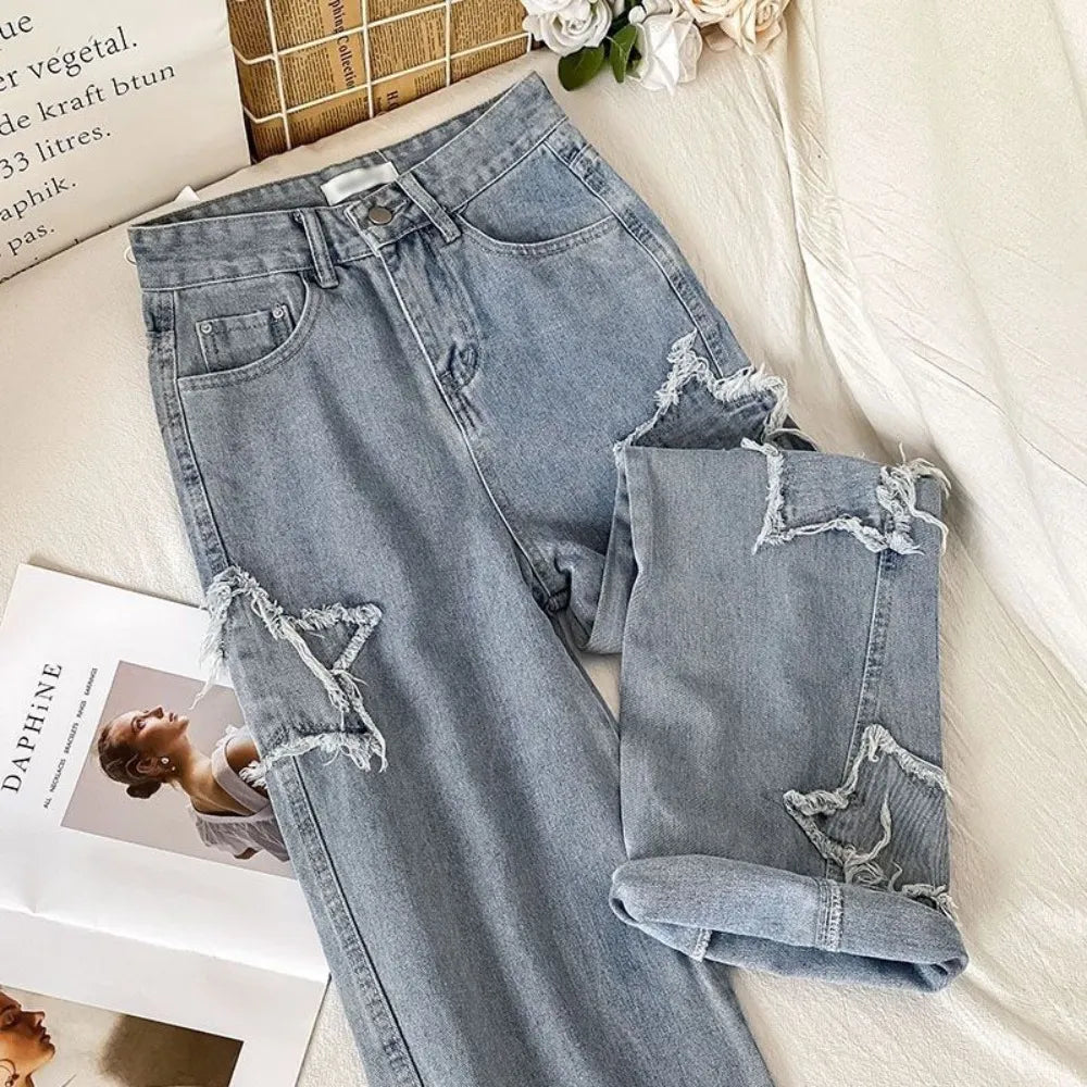 Denim Popular Ins Fashion Korean WIth Star Spring Autumn High Waist Straight Leg Loose Fitting Jeans