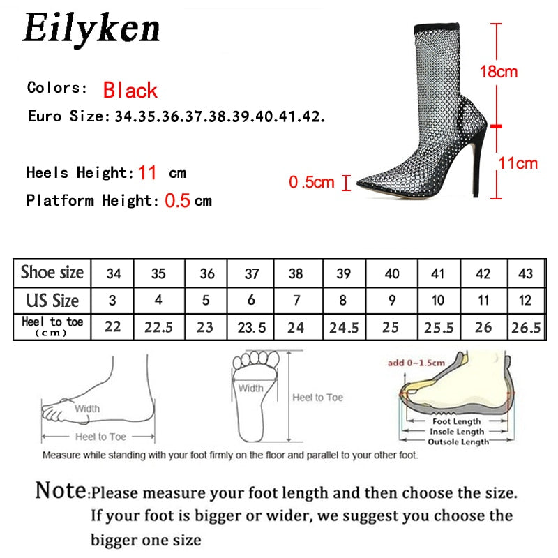 Design Crystal Rhinestone Mesh Stretch Fabric Sock Boots Fashion PTransparent Pointed Toe Shoes Sexy High Heels