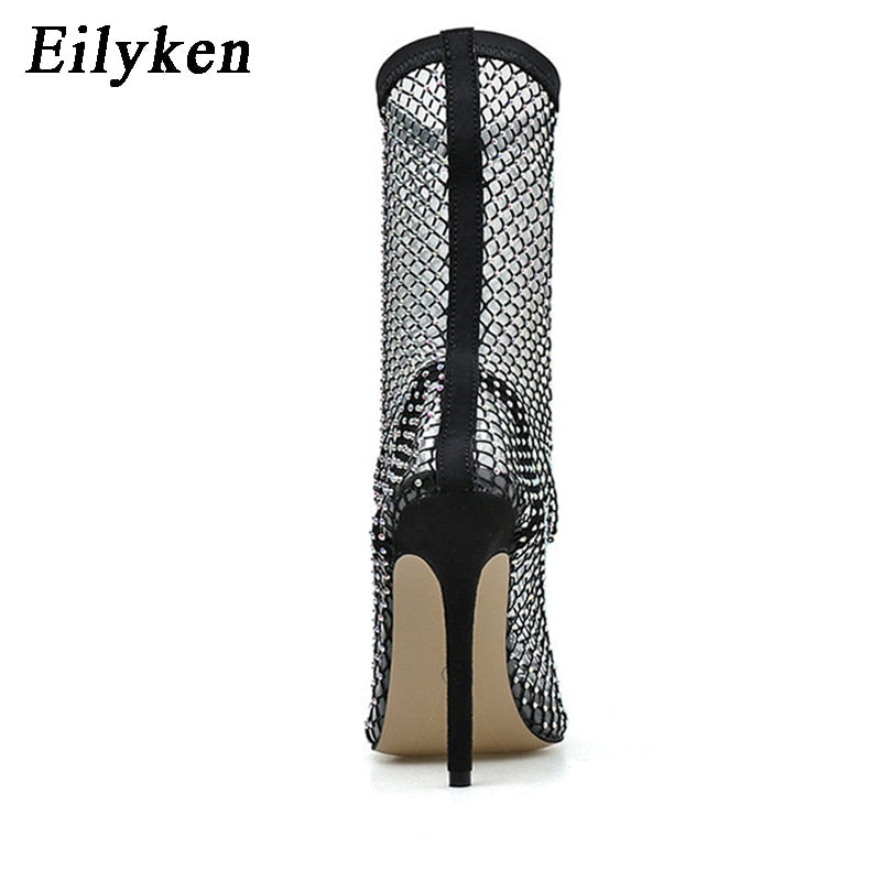 Design Crystal Rhinestone Mesh Stretch Fabric Sock Boots Fashion PTransparent Pointed Toe Shoes Sexy High Heels