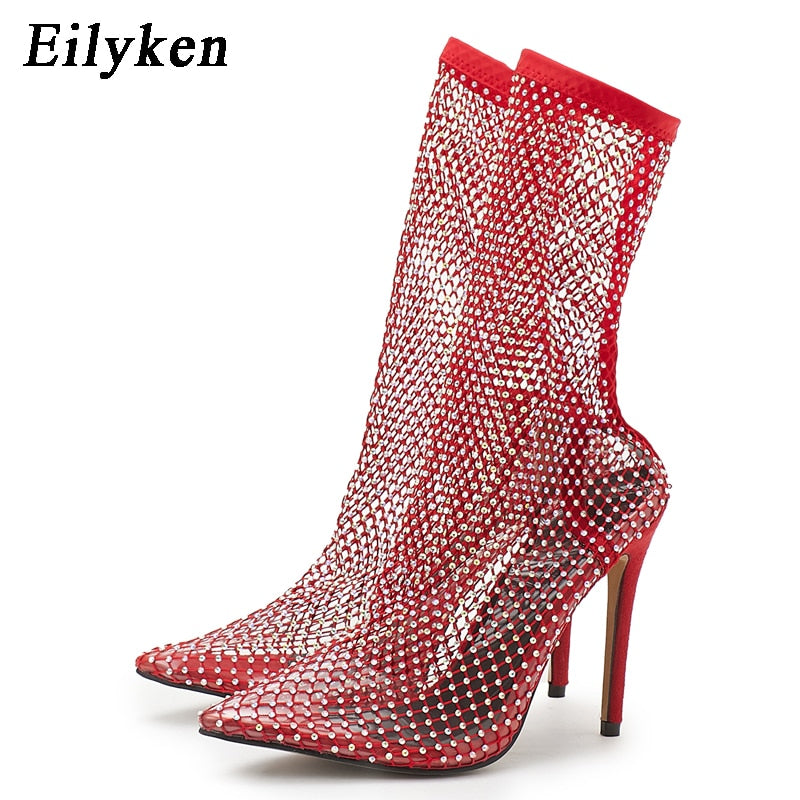 Design Crystal Rhinestone Mesh Stretch Fabric Sock Boots Fashion PTransparent Pointed Toe Shoes Sexy High Heels Red