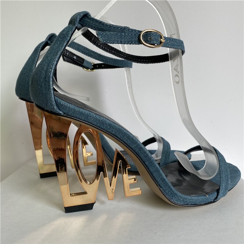 Design Letter-Love Heel Gladiator Sandals Women Sexy One-strap Strange High Heels Fretwork Heel Summer Party Shoes Denim