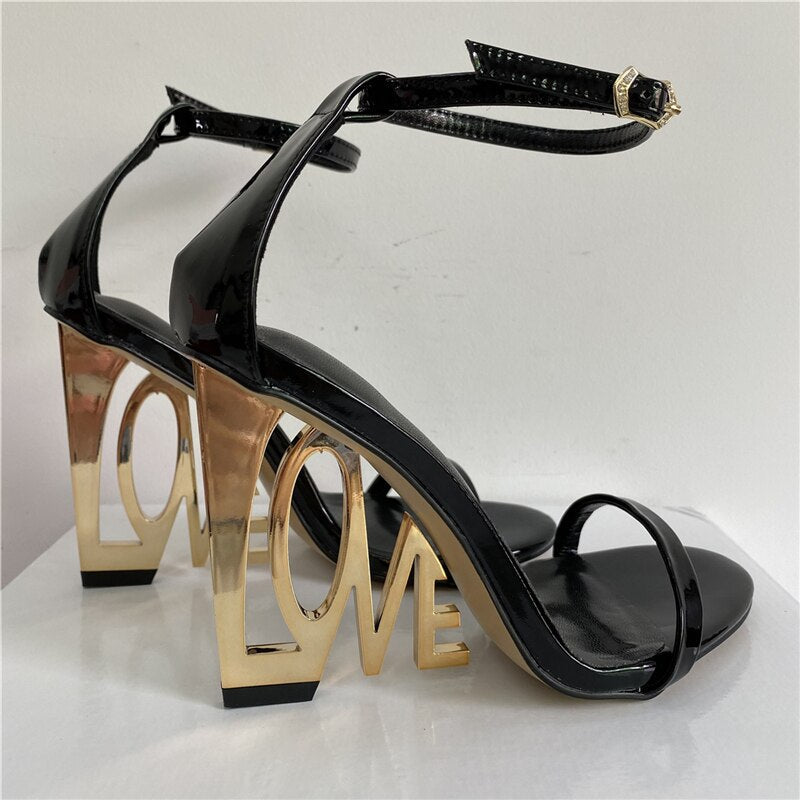 Design Letter-Love Heel Gladiator Sandals Women Sexy One-strap Strange High Heels Fretwork Heel Summer Party Shoes Black PatentLeather