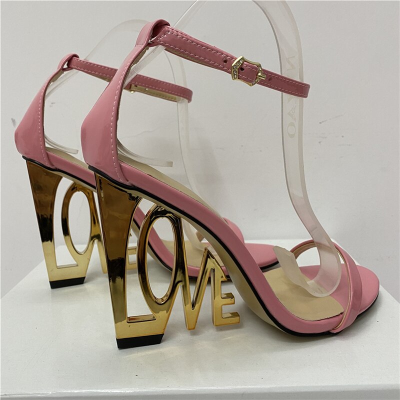 Design Letter-Love Heel Gladiator Sandals Women Sexy One-strap Strange High Heels Fretwork Heel Summer Party Shoes Rose Patent Leather
