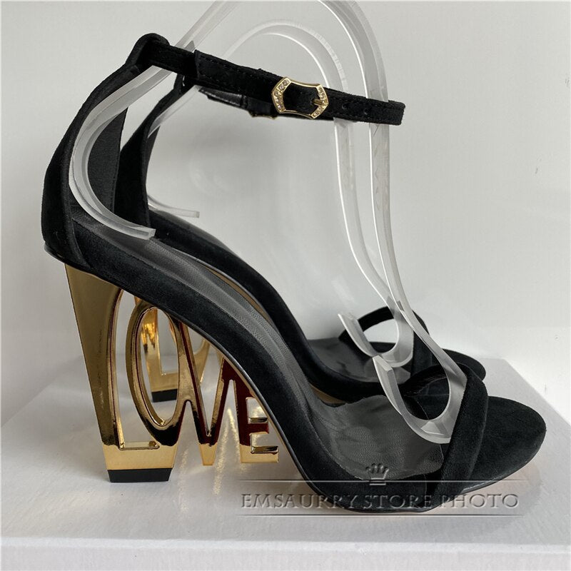 Design Letter-Love Heel Gladiator Sandals Women Sexy One-strap Strange High Heels Fretwork Heel Summer Party Shoes