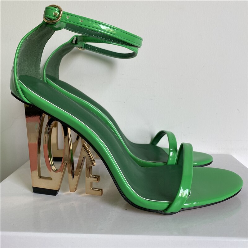 Design Letter-Love Heel Gladiator Sandals Women Sexy One-strap Strange High Heels Fretwork Heel Summer Party Shoes Green