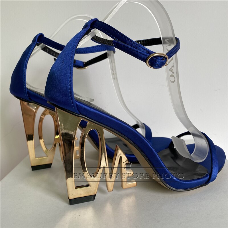 Design Letter-Love Heel Gladiator Sandals Women Sexy One-strap Strange High Heels Fretwork Heel Summer Party Shoes