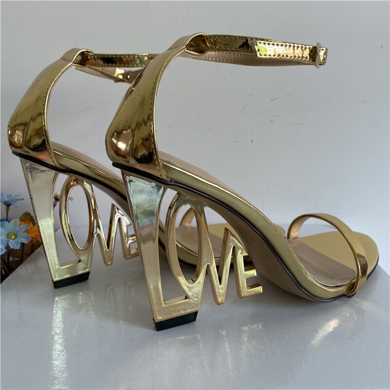 Design Letter-Love Heel Gladiator Sandals Women Sexy One-strap Strange High Heels Fretwork Heel Summer Party Shoes Gold Patent Leather
