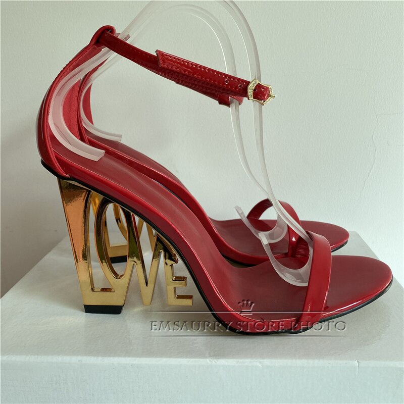 Design Letter-Love Heel Gladiator Sandals Women Sexy One-strap Strange High Heels Fretwork Heel Summer Party Shoes