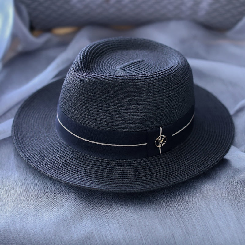 Designer New Natural Panama Soft Shaped Straw Hat Summer Women/Men Wide Brim Beach Sun Cap UV Protection Fedora Birthday Gift Black