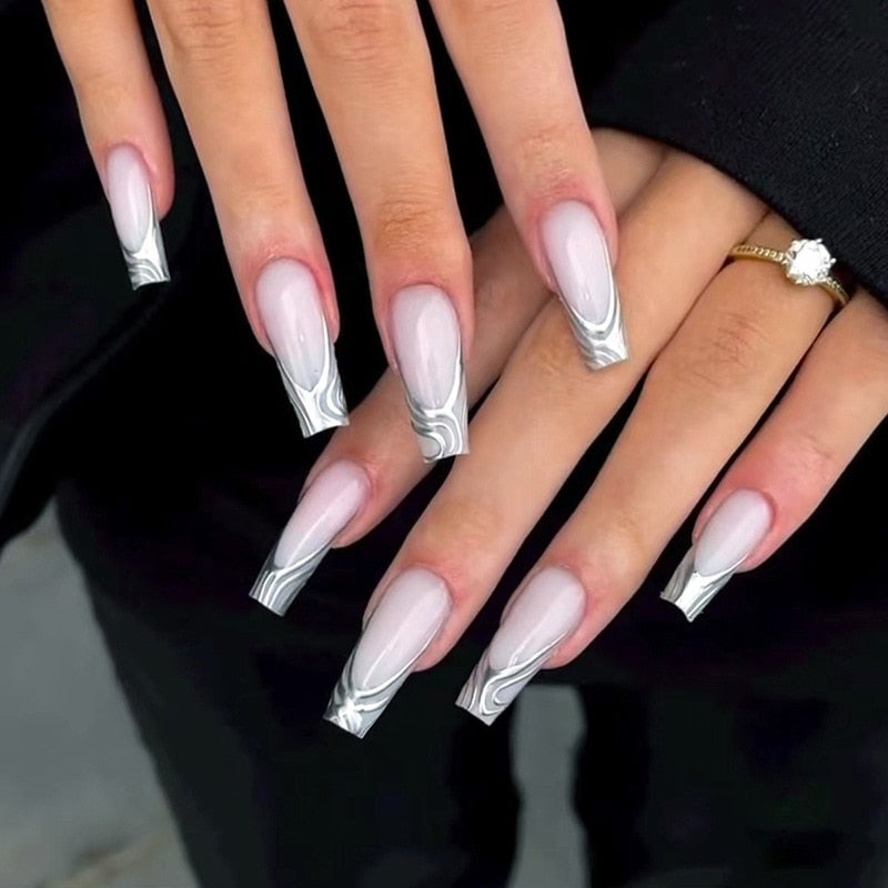 Detachable Manicure Wearable Nail Art Press On Nails purple Glitter French False Nails Long Coffin Fake Nails Full Cover Tips W658