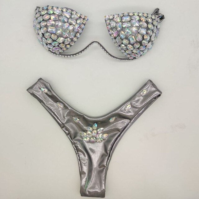 Diamond Bikini Set Sexy Women Solid Color Swimwear Push Up Beachwear Rhinestone Biquini Summer Bathing Suit Grey