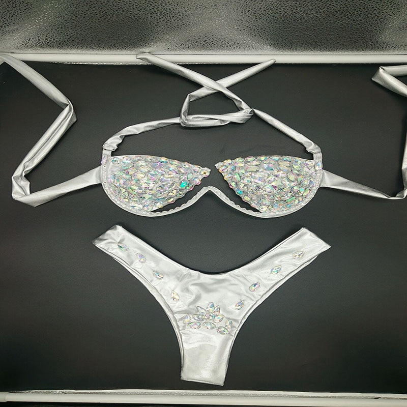 Diamond Bikini Set Sexy Women Solid Color Swimwear Push Up Beachwear Rhinestone Biquini Summer Bathing Suit Silver