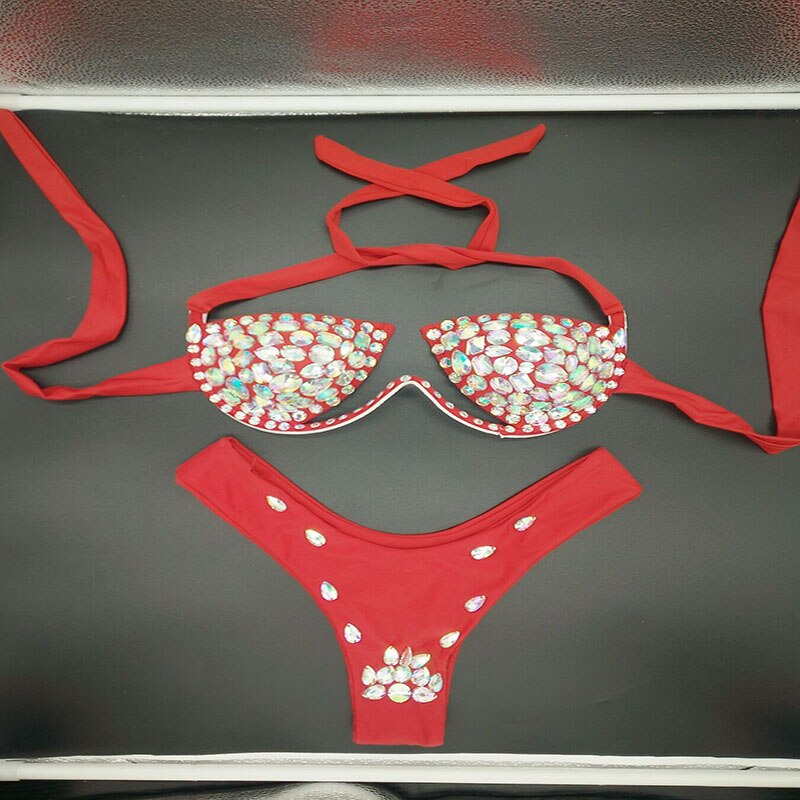 Diamond Bikini Set Sexy Women Solid Color Swimwear Push Up Beachwear Rhinestone Biquini Summer Bathing Suit Red