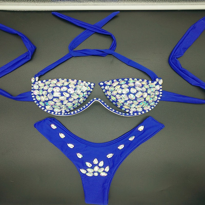 Diamond Bikini Set Sexy Women Solid Color Swimwear Push Up Beachwear Rhinestone Biquini Summer Bathing Suit Blue
