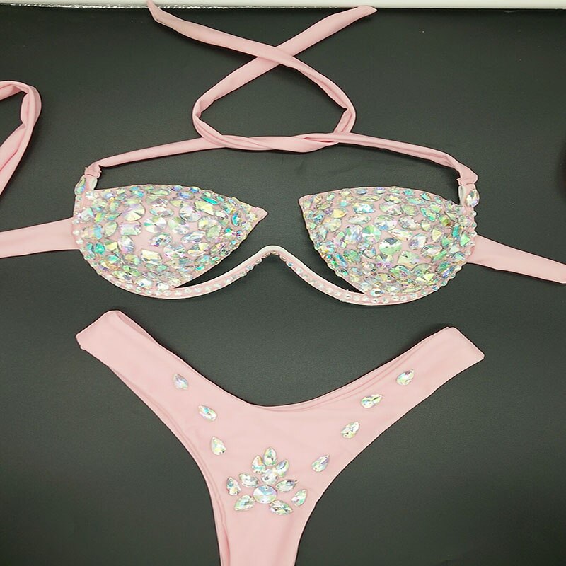 Diamond Bikini Set Sexy Women Solid Color Swimwear Push Up Beachwear Rhinestone Biquini Summer Bathing Suit