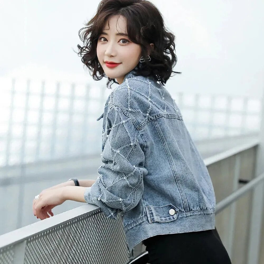 Diamond Pattern Denim Jackets Women Short 2024 Spring New Korean Loose Fashion Jacket Top Casual Winter Jean Jacket Women Top