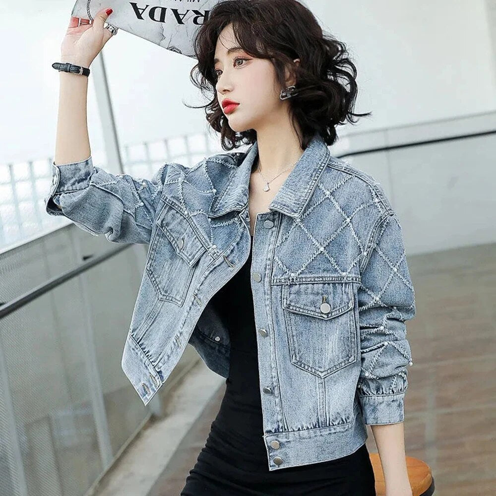 Diamond Pattern Denim Jackets Women Short 2024 Spring New Korean Loose Fashion Jacket Top Casual Winter Jean Jacket Women Top