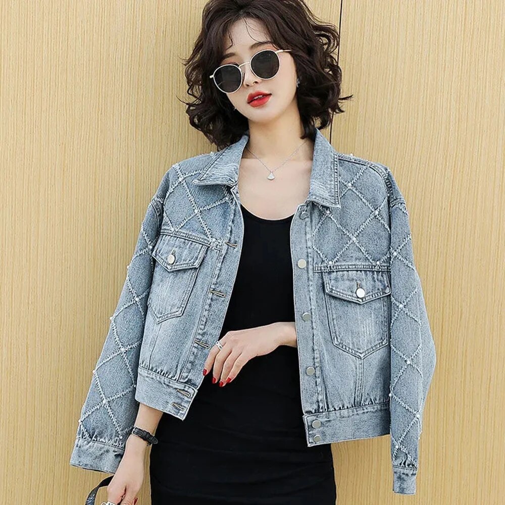 Diamond Pattern Denim Jackets Women Short 2024 Spring New Korean Loose Fashion Jacket Top Casual Winter Jean Jacket Women Top Blue