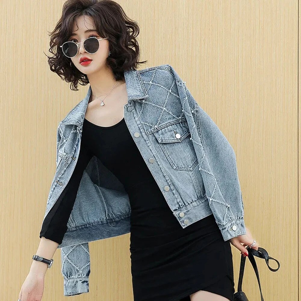 Diamond Pattern Denim Jackets Women Short 2024 Spring New Korean Loose Fashion Jacket Top Casual Winter Jean Jacket Women Top
