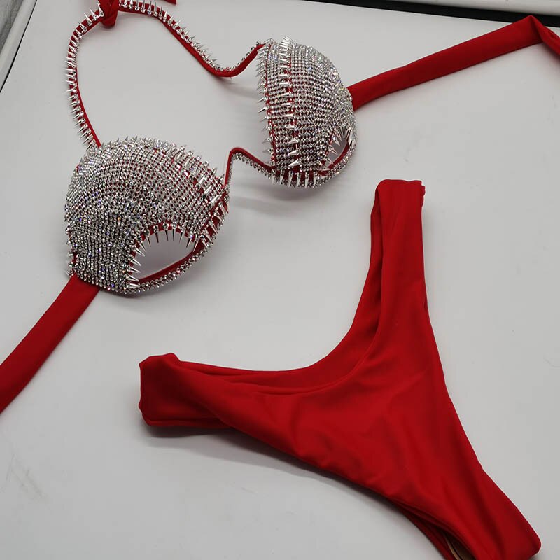 Diamond Swimwear Sexy Women Bikini Rhinestone Swimsuit Push Up Bathing Suit Red