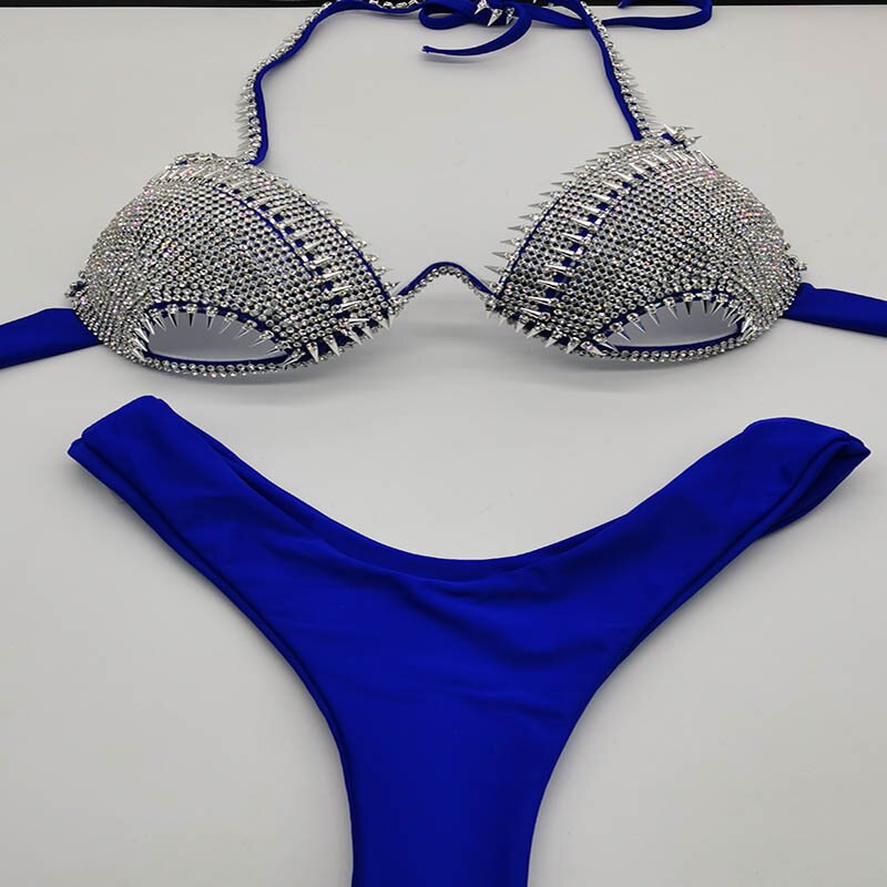Diamond Swimwear Sexy Women Bikini Rhinestone Swimsuit Push Up Bathing Suit Blue
