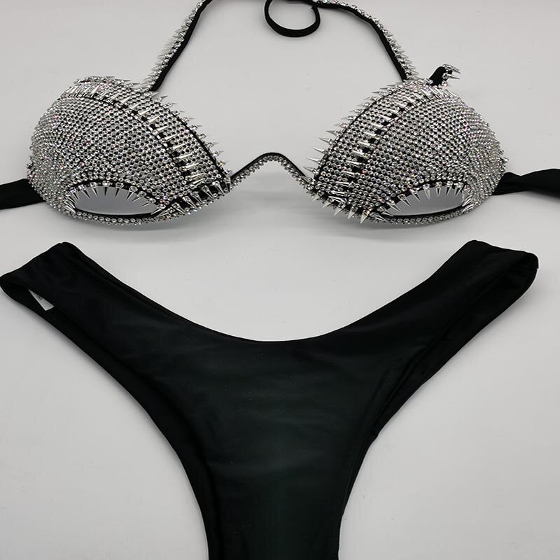 Diamond Swimwear Sexy Women Bikini Rhinestone Swimsuit Push Up Bathing Suit Black