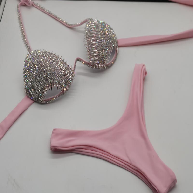 Diamond Swimwear Sexy Women Bikini Rhinestone Swimsuit Push Up Bathing Suit Pink