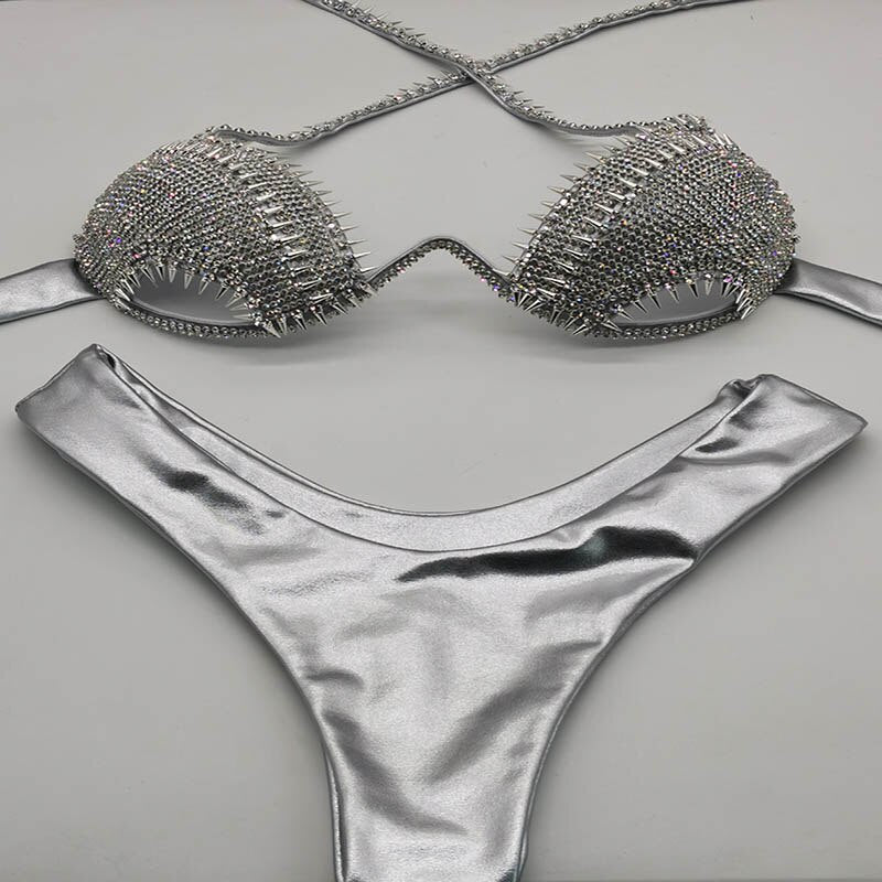 Diamond Swimwear Sexy Women Bikini Rhinestone Swimsuit Push Up Bathing Suit Silver